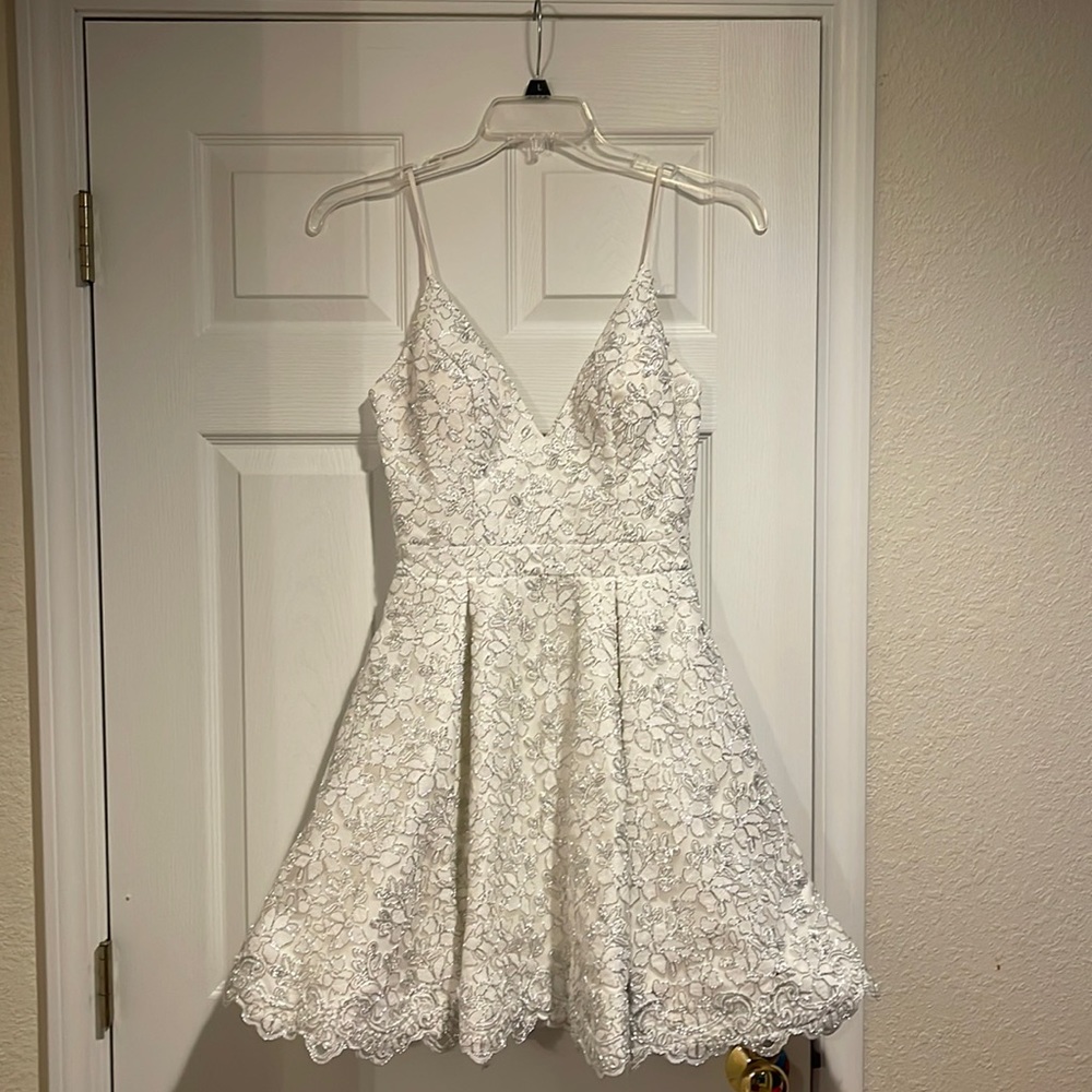 Sleeveless Floral Lace Fit-and-Flare Cocktail Dress, Off White/Silver